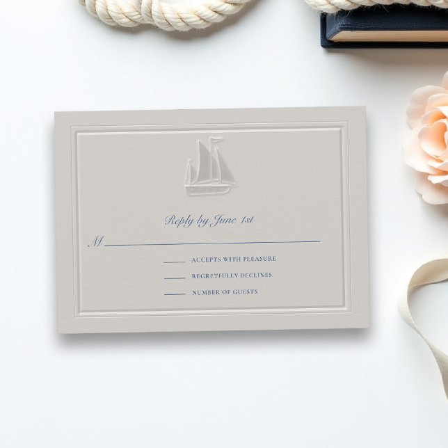 Coastal Sailboat Formal Classic Wedding Response (coastal wedding rsvp sail boat formal traditional double frame modern classic faux embossed)