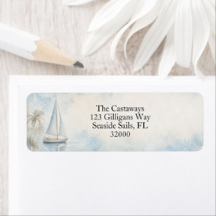 Coastal Sailboat Scene Pastel Blue Beige Label