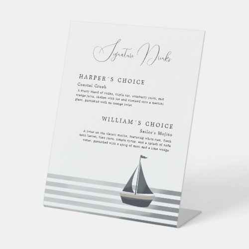 Coastal sailboat signature drinks wedding menu pedestal sign