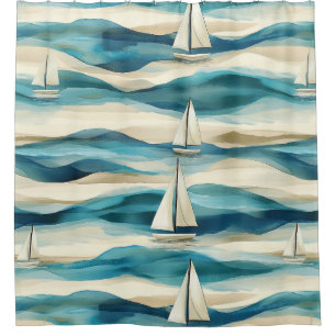 Coastal Sailboat Waves Nautical Pattern (2) Shower Curtain