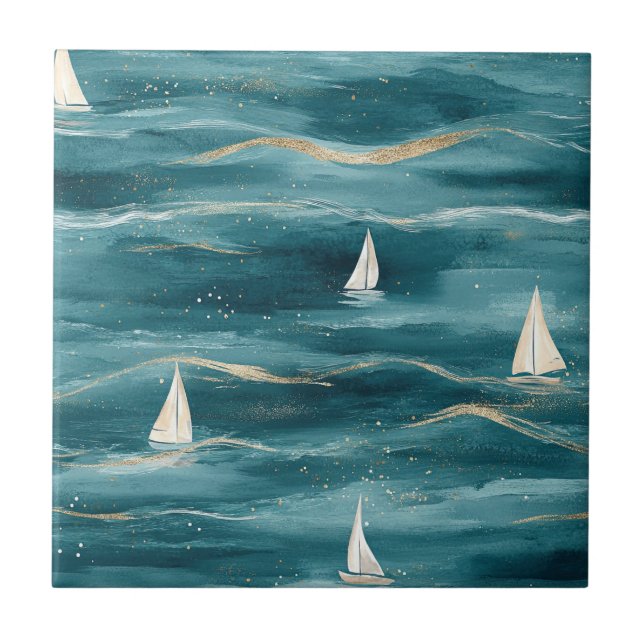 Coastal Sailboat Waves Nautical Pattern (3) Ceramic Tile (Front)