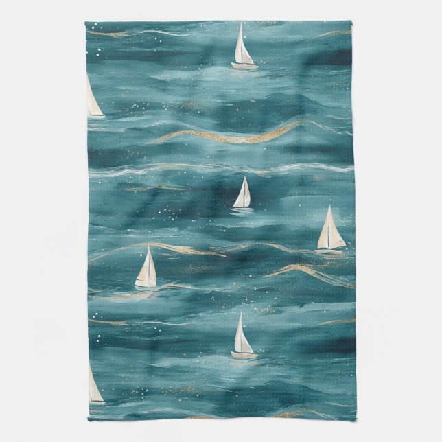 Coastal Sailboat Waves Nautical Pattern (3) Kitchen Towel (Vertical)