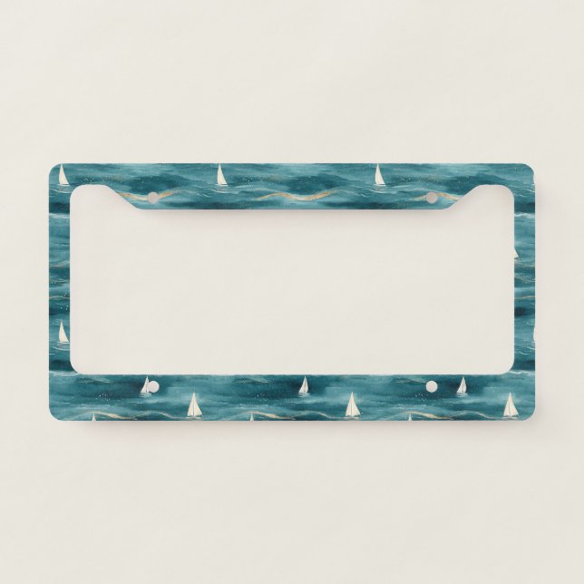 Coastal Sailboat Waves Nautical Pattern (3) License Plate Frame (Front)