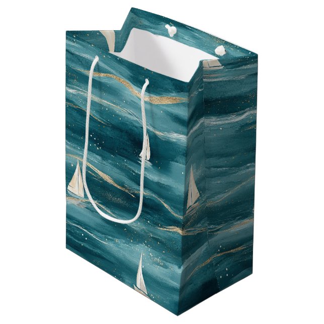 Coastal Sailboat Waves Nautical Pattern (3) Medium Gift Bag (Front Angled)