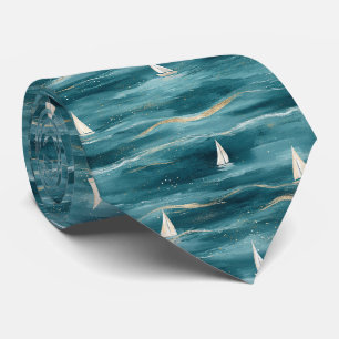 Coastal Sailboat Waves Nautical Pattern (3) Neck Tie