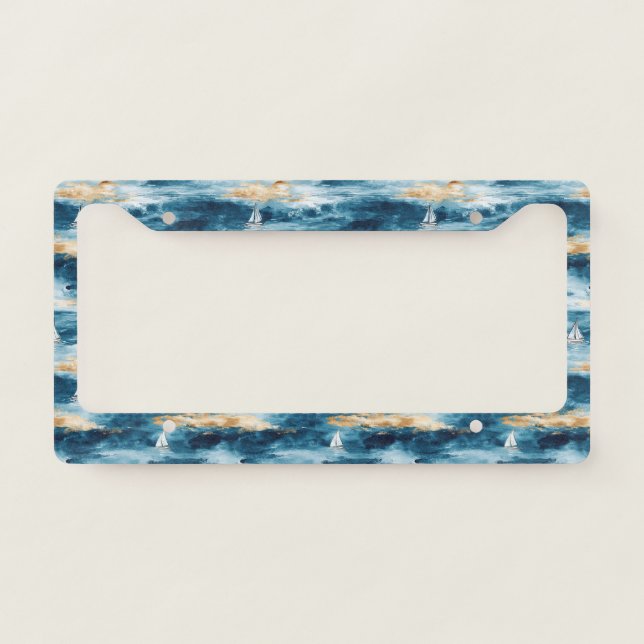 Coastal Sailboat Waves Nautical Pattern (4) License Plate Frame (Front)