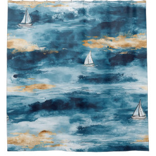 Coastal Sailboat Waves Nautical Pattern (4) Shower Curtain