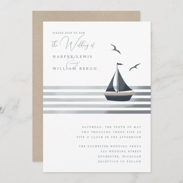 Coastal sailboat wedding invitation (Front/Back)