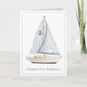 Coastal Sailboat With Blue Stripe Sail Personalize Note Card