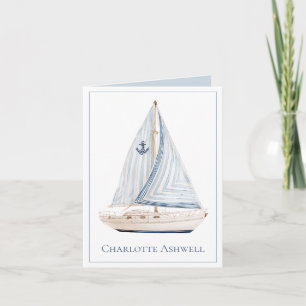 Coastal Sailboat With Blue Stripe Sail Personalize Note Card