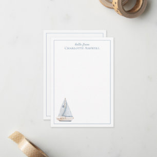 Coastal Sailboat With Blue Stripe Sail Personalize Note Card