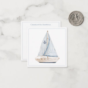Coastal Sailboat With Blue Stripe Sail Personalize Note Card