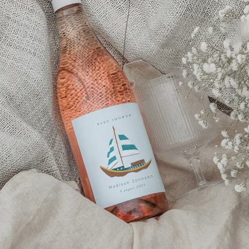 Coastal sailing boat baby shower party wine label