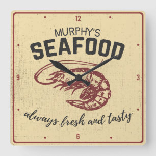 Coastal Saltwater Shrimp Customized Seafood Diner Square Wall Clock