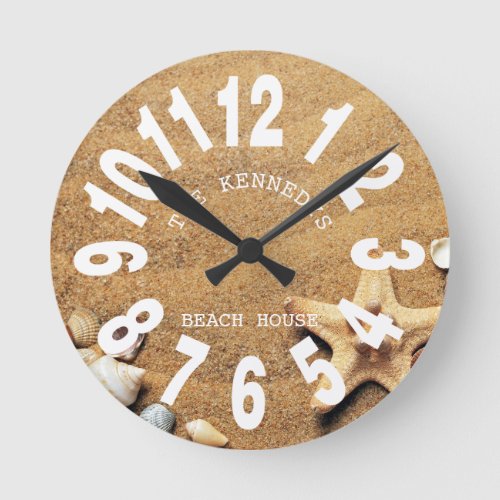 Coastal Sand Beach House Family  Large numbers Round Clock