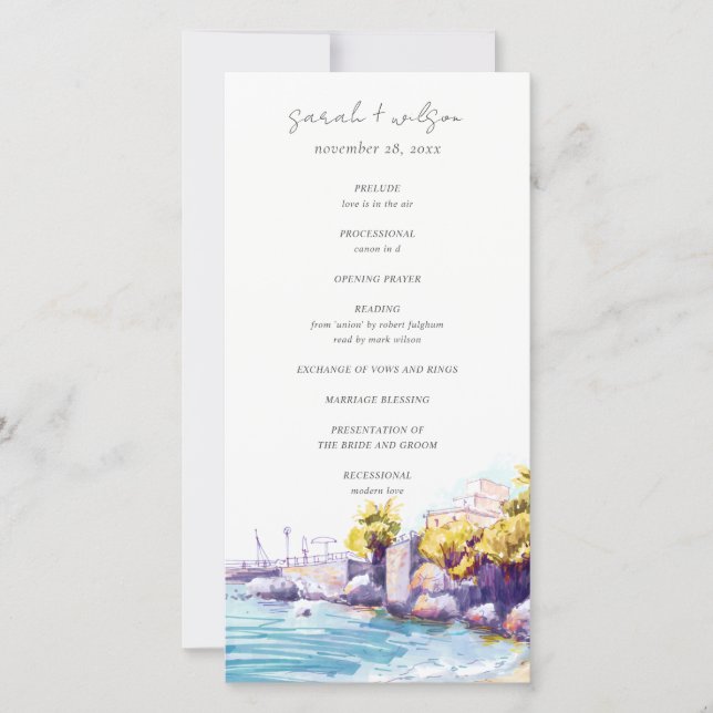 Coastal Sand Beach Rocky Seascape Wedding Program (Front)