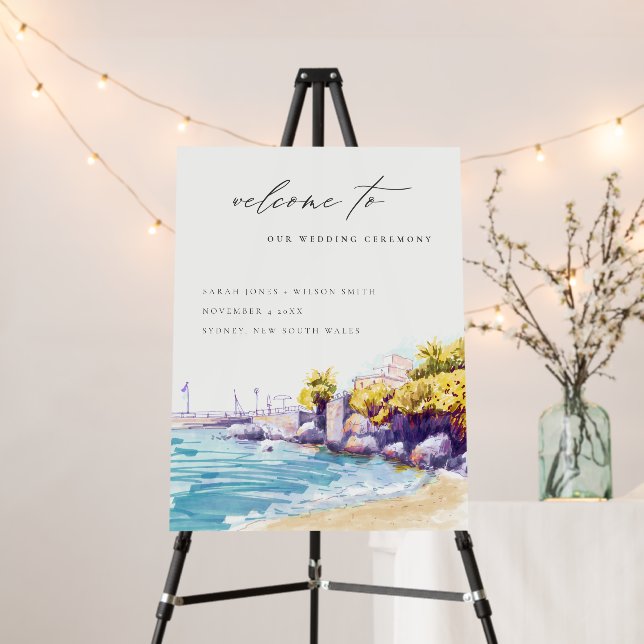 Coastal Sand Beach Rocky Seascape Wedding Welcome Foam Board (In Situ (Stand))