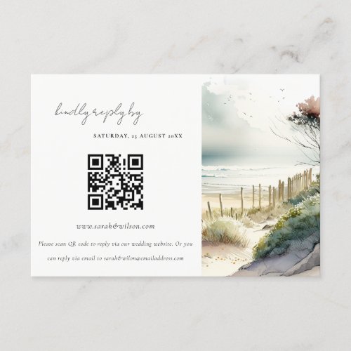 Coastal Sand Beach Seascape Wedding QR Code RSVP Enclosure Card