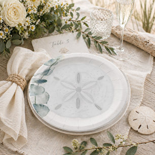 Coastal Sand Dollar Eucalyptus Wedding Paper Plate