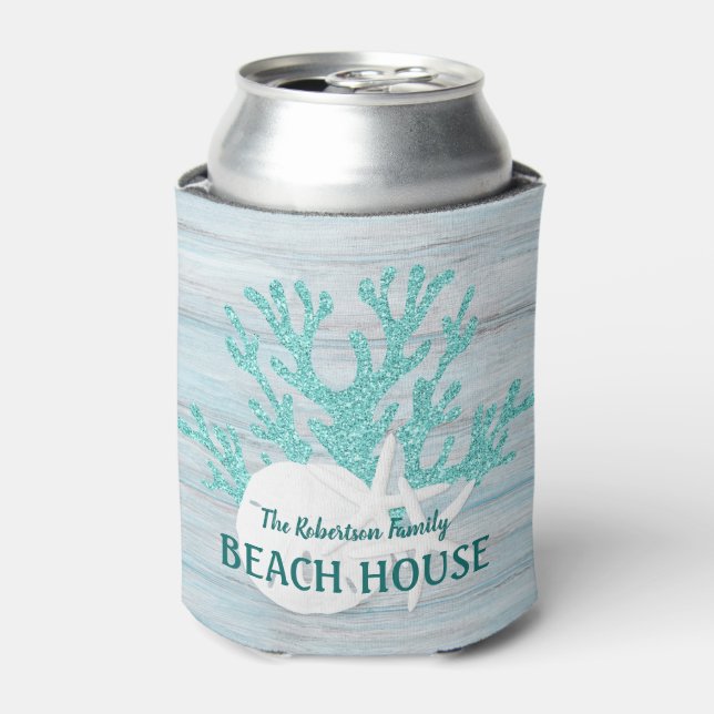Coastal Sand Dollar Starfish Beach House Can Cooler (Can Front)