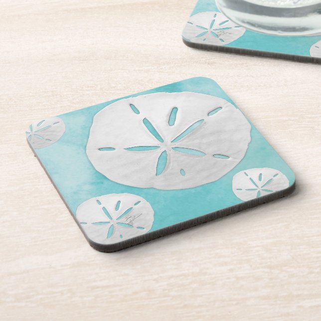  Coastal Sand Dollar Turquoise Tropical Beach  Beverage Coaster (Left Side)
