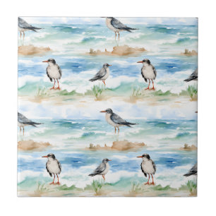 Coastal Sandpiper Shoreline Pattern (4) Ceramic Tile