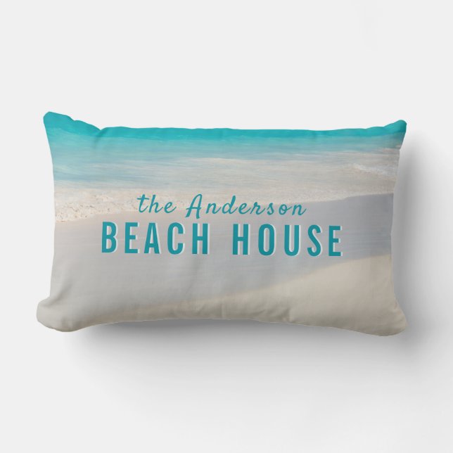 Coastal Sandy Beach Custom Name "Beach House" Text Lumbar Pillow (Front)