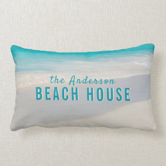 Coastal Sandy Beach Custom Name "Beach House" Text Lumbar Pillow