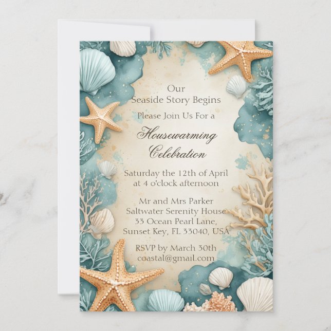 Coastal Sandy Beach Seashells Housewarming Party Invitation (Front)