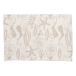 Coastal Sandy-Beige Hand-Drawn Seahorse Stripes Pillow Case