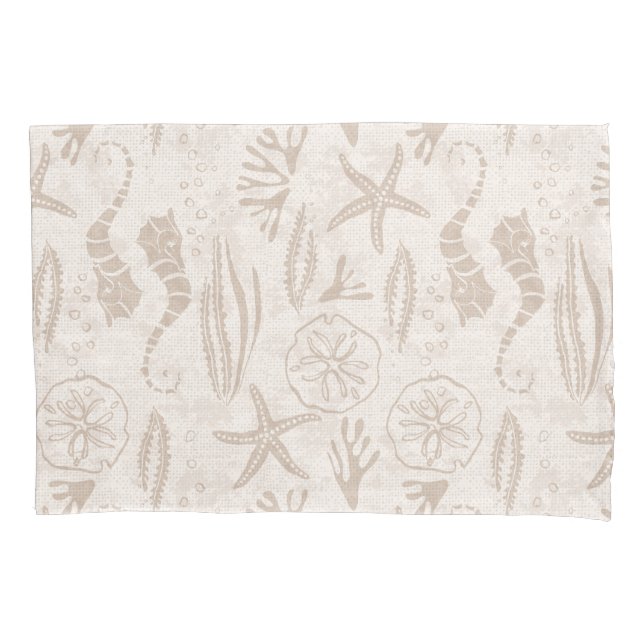 Coastal Sandy-Beige Hand-Drawn Seahorse Stripes Pillow Case (Front)