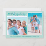 Coastal Script SEAS AND GREETINGS Starfish 2 Photo Holiday Card<br><div class="desc">A coastal SEAS & GREETINGS in modern handwritten brush script typography accented with two stamped starfish. This aquatic or beach themed holiday greeting photo card with two photos coordinates with your beach, cruise, watersports or tropical vacation photos or you're sending wishes from your tropical home location! PHOTO TIP: For fastest/best...</div>