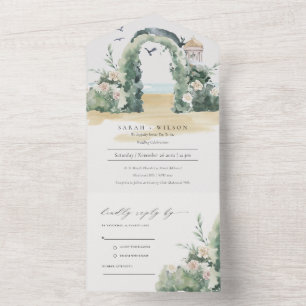 Coastal Sea Beach Floral Arch Botanical Wedding All In One Invitation