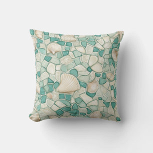 Coastal Sea Glass And Aqua Colored Beach Stones Throw Pillow
