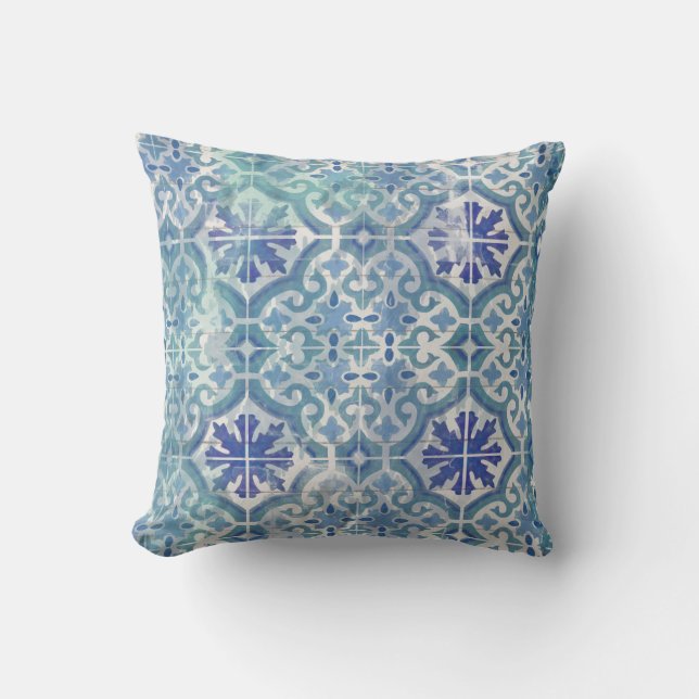 Coastal Sea Glass Beach White Aqua Ocean Blue Art Throw Pillow (Front)