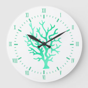 Coastal Sea Glass Green Coral & Roman Numerals Large Clock