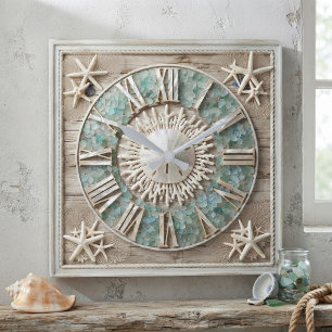 Coastal Sea Glass & Sand Dollar  Square Wall Clock