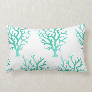 Coastal Sea Green Gradient Corals & White Lumbar Pillow