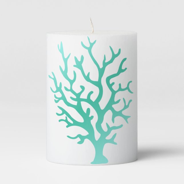 Coastal Sea Green Gradient Corals & White Pillar Candle (Front)