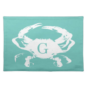 Coastal Sea Green White Crab Silhouette Monogram Cloth Placemat