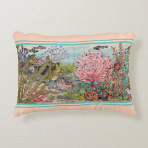 Coastal Sea Life Blush Aqua Coral Shell Fish Ocean Accent Pillow