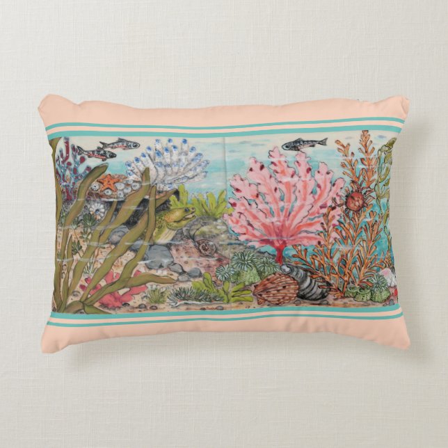 Coastal Sea Life Blush Aqua Coral Shell Fish Ocean Accent Pillow (Front)