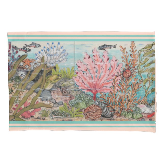 Coastal Sea Life Blush Aqua Coral Shell Fish Ocean Pillow Case (Front)