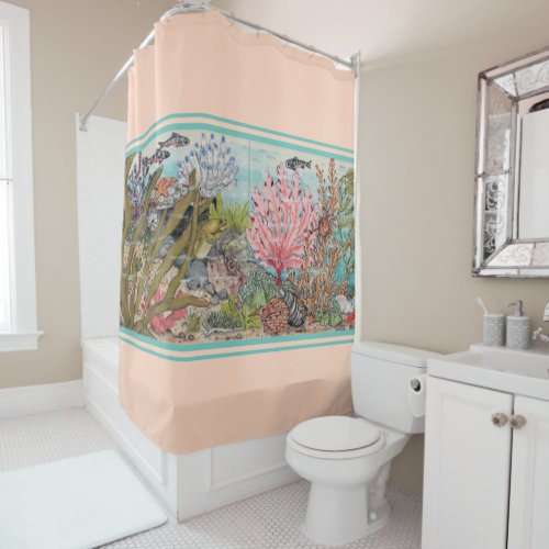 Coastal Sea Life Blush Aqua Coral Shell Fish Ocean Shower Curtain