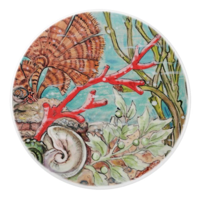 Coastal Sea Life Coral Crab Shell Underwater Ocean Ceramic Knob (Front)