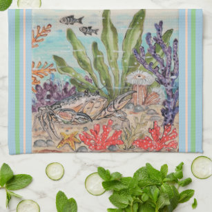 Crab Kitchen Towels, Beach Kitchen Towels, Nautical Kitchen Towels