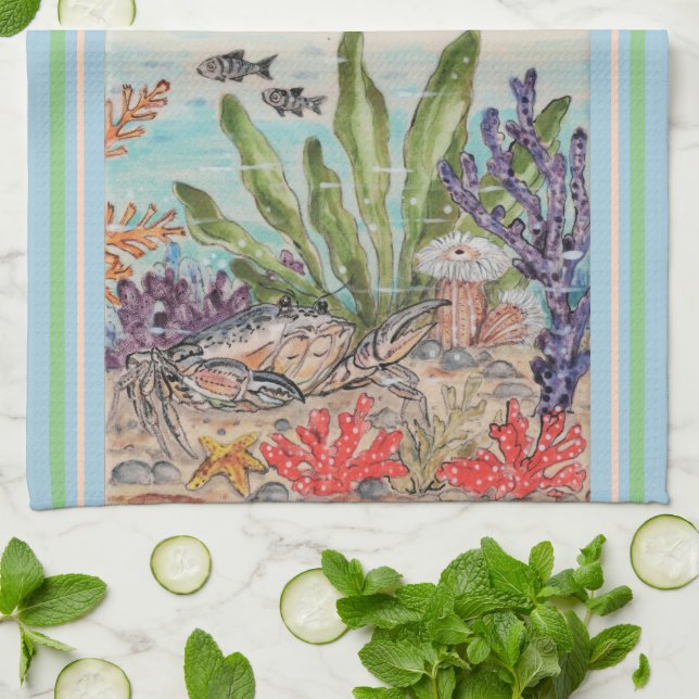 Coastal Sea Life Crab Fish Coral Ocean Beach Blue Kitchen Towel (Folded)