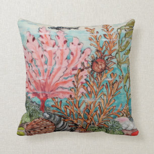 Coastal Sea Life Pink Aqua Coral Crab Shell Fish Throw Pillow