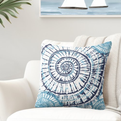 Coastal Sea Shell Blue White Throw Pillow