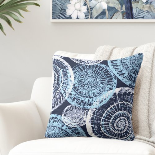 Coastal Sea Shell Blue White Throw Pillow